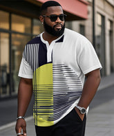 Men's Plus Size Geometric Color Block Striped Print Henry Collar Button Short Sleeve T-shirt